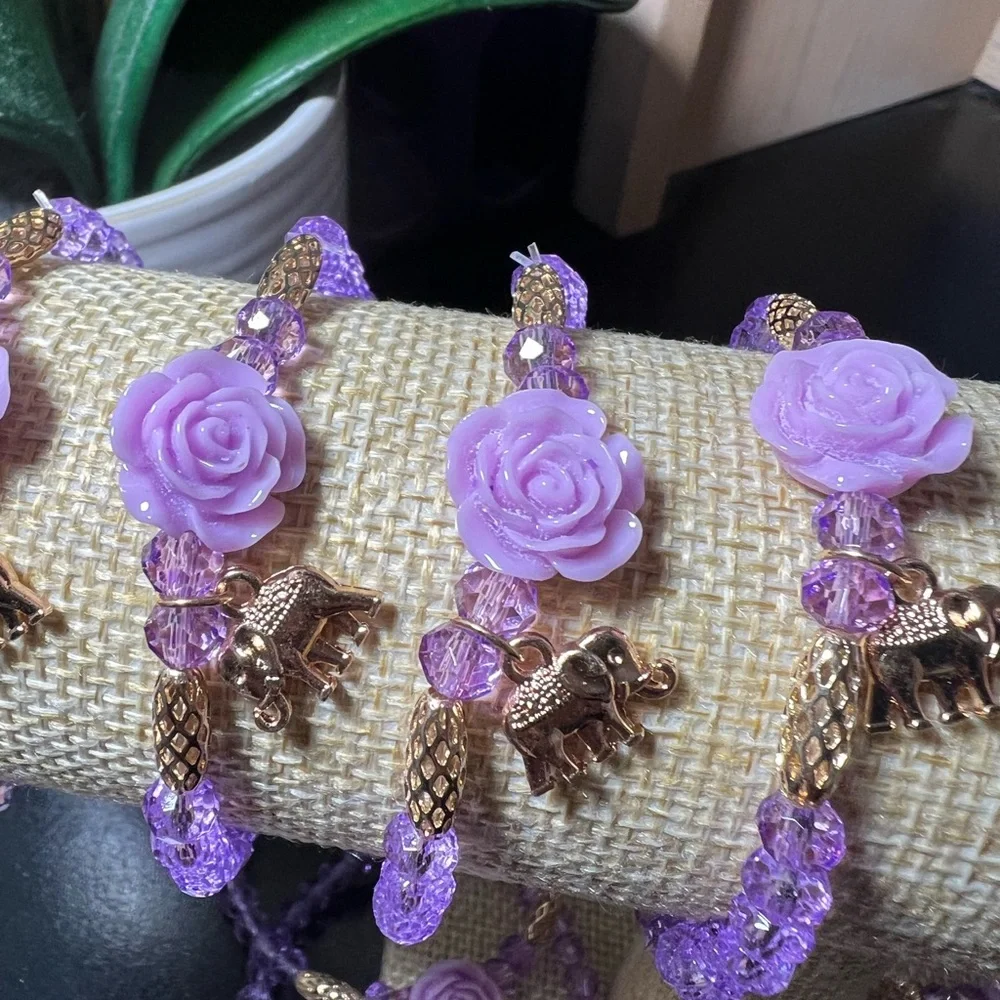 LOT of 10 New Purple Rose and Gold Elephant Stretch Bracelets FREE SHIPPING - Picture 2 of 4